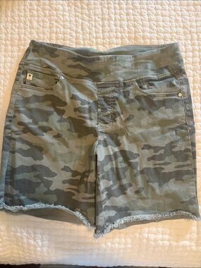 Belle by Kim Gravel Olive Green Camo Stretch Bermuda Shorts